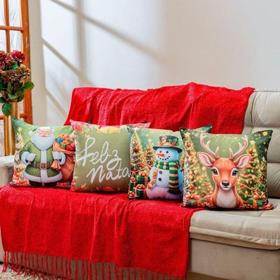 Kit Com 4 Capas De Almofadas Estampadas Natalinas 45cm X 45cm - Verde