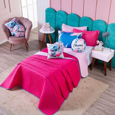 Kit Cobre Leito Stich Pink/rosa Dupla Face Com Almofadas Casal Padrão 07 Peças