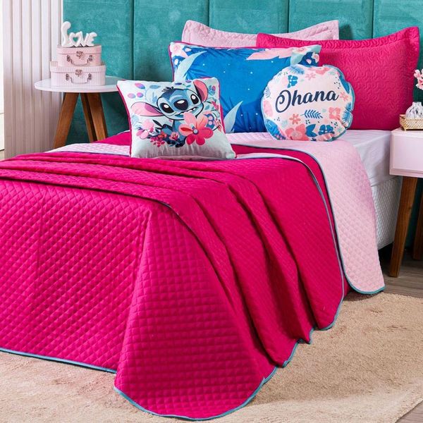 Kit Cobre Leito Stich Pink/rosa Dupla Face Com Almofadas Casal Padrão 07 Peças