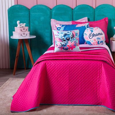 Kit Cobre Leito Stich Pink/rosa Dupla Face Com Almofadas Casal Padrão 07 Peças