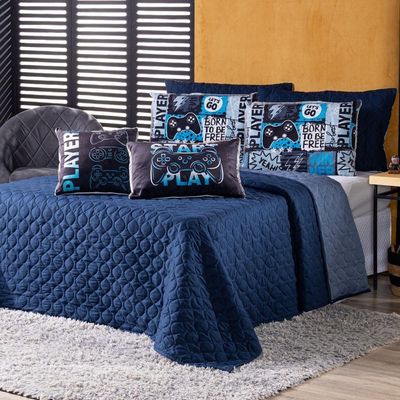 Kit Cobre Leito Colcha Queen Azul Marinho Com Almofadas Estampadas 07 Peças - 300 Fios