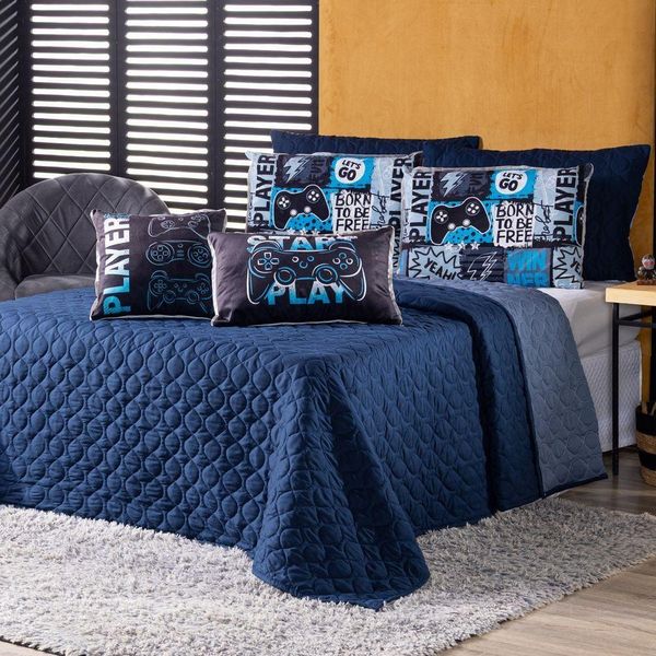 Kit Cobre Leito Colcha Queen Azul Marinho Com Almofadas Estampadas 07 Peças - 300 Fios