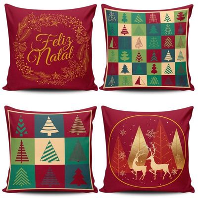 Kit Com 4 Almofadas Cheias Estampadas Natalinas 45cm X 45cm Com Enchimento Refil