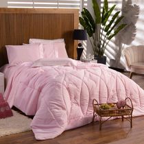 Kit Edredom Liso Queen Florença Guipir Dupla Face Com Fronhas 03 Peças Percal Algodão 200 Fios, Rosa