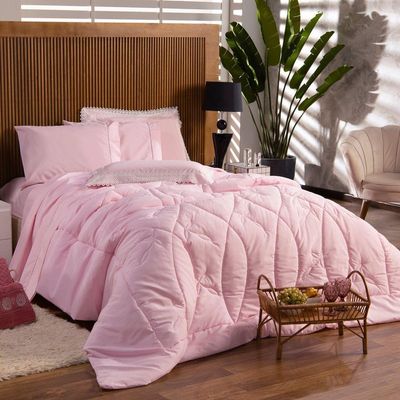 Kit Edredom Liso Queen Florença Guipir Dupla Face Com Fronhas 03 Peças Percal Algodão 200 Fios, Rosa