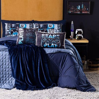 Kit Cobre Leito Colcha Queen Azul Marinho Com Almofadas Estampadas 07 Peças - 300 Fios