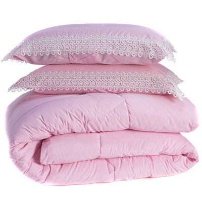 Kit Edredom Liso Queen Florença Guipir Dupla Face Com Fronhas 03 Peças Percal Algodão 200 Fios, Rosa
