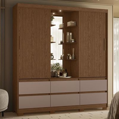 Guarda Roupa Solteiro Atena 2 Portas 6 Gavetas Nogueira-capuccino Com Led – Móveis Albatroz