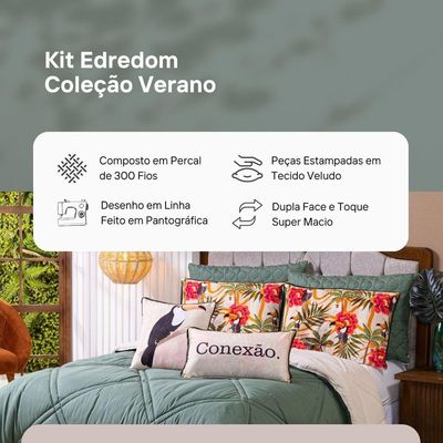 Kit Edredom Solteiro Com Almofadas Estampadas 05 Peças - Dupla Face Percal 300 Fios Cor Tucano