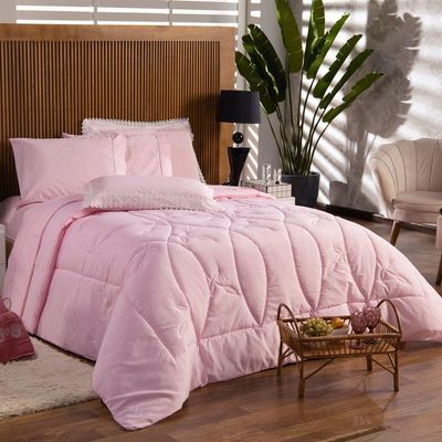 Kit Edredom Liso Queen Florença Guipir Dupla Face Com Fronhas 03 Peças Percal Algodão 200 Fios, Rosa