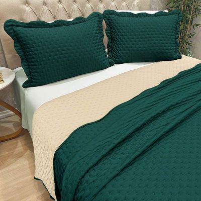 Kit Cobre Leito Colcha Colour Casal 3 Peças Percal 300 Fios Dupla Face Verde Petróleo 100% Poliéster