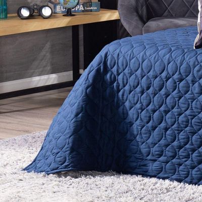 Kit Cobre Leito Colcha Queen Azul Marinho Com Almofadas Estampadas 07 Peças - 300 Fios