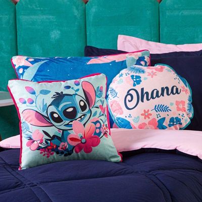 Kit Edredom Stich Azul Marinho/rosa C/ Almofadas Solteiro 5 Peças Percal 300 Fios 100% Algodão