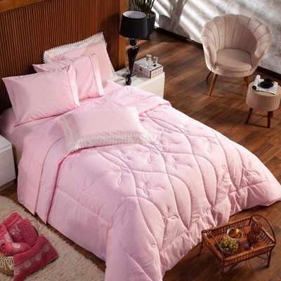 Kit Edredom Liso Queen Florença Guipir Dupla Face Com Fronhas 03 Peças Percal Algodão 200 Fios, Rosa