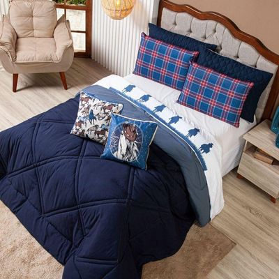 Kit Edredom King Country Com Almofadas Estampadas 07 Peças - Dupla Face Percal 300 Fios Cor Azul