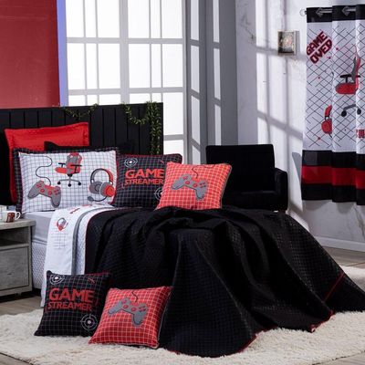 Kit Cobre Leito Colcha Solteiro Game Streamer Vermelho Dupla Face Com Almofadas Estampadas 05 Peças