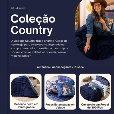 Kit Edredom Queen Country Com Almofadas Estampadas 07 Peças - Dupla Face Percal 300 Fios Cor Azul