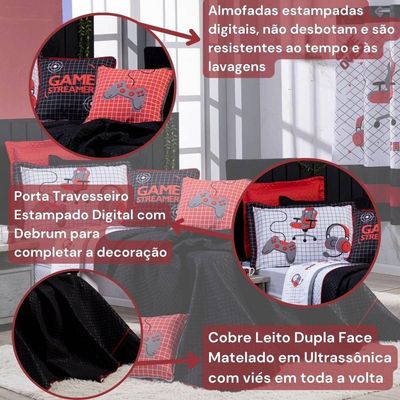 Kit Cobre Leito Colcha Solteiro Game Streamer Vermelho Dupla Face Com Almofadas Estampadas 05 Peças