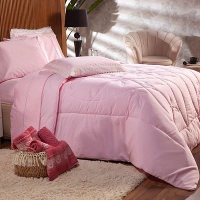Kit Edredom Liso Queen Florença Guipir Dupla Face Com Fronhas 03 Peças Percal Algodão 200 Fios, Rosa