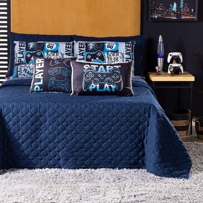 Kit Cobre Leito Colcha Queen Azul Marinho Com Almofadas Estampadas 07 Peças - 300 Fios