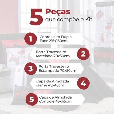 Kit Cobre Leito Colcha Solteiro Game Streamer Vermelho Dupla Face Com Almofadas Estampadas 05 Peças