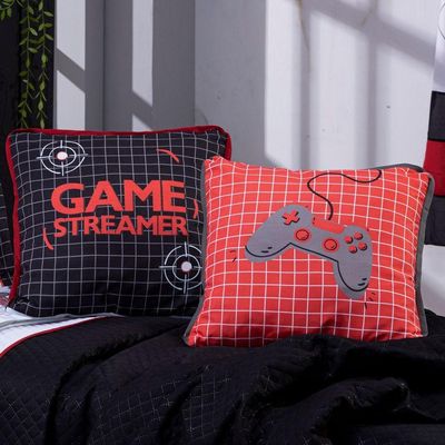 Kit Cobre Leito Colcha Solteiro Game Streamer Vermelho Dupla Face Com Almofadas Estampadas 05 Peças