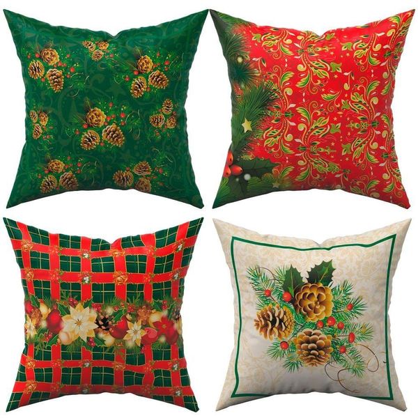 Kit Com 4 Capas De Almofadas Estampadas Natalinas Verde Natal Fim De Ano 45cm X 45cm