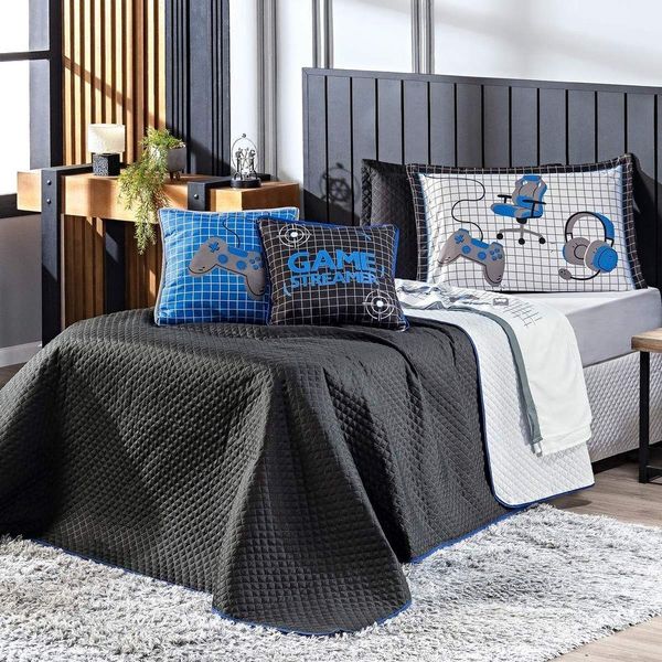 Kit Cobre Leito Colcha Queen Game Streamer Azul Dupla Face Com Almofadas Estampadas 07 Peças
