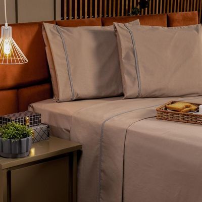 Jogo De Cama Lençol Queen Milano Liso Com Fronhas Viés 04 Peças - Percal Algodão 200 Fios Cor Caqui