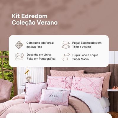 Kit Edredom Solteiro Verano Com Almofadas Estampadas 05 Peças - Dupla Face Percal 300 Fios Cor Love