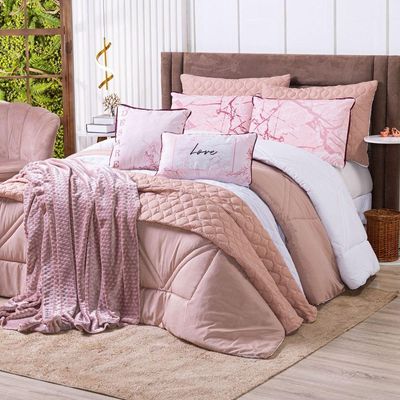 Kit Edredom Solteiro Verano Com Almofadas Estampadas 05 Peças - Dupla Face Percal 300 Fios Cor Love