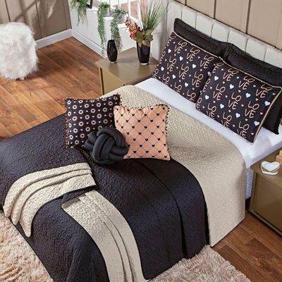 Kit Cobre Leito Colcha King Golden Love Preto/caqui Dupla Face Com Almofadas Estampadas 08 Peças