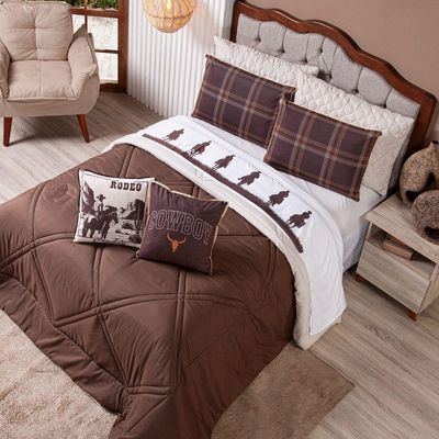 Kit Edredom King Country Com Almofadas Estampadas 07 Peças - Dupla Face Percal 300 Fios Cor Marrom