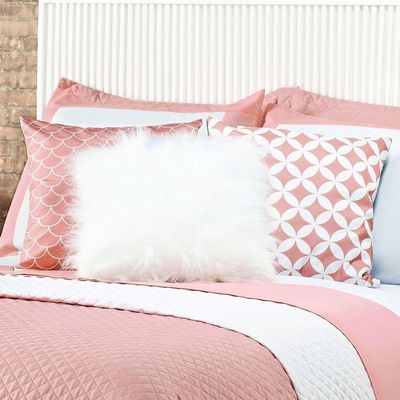 Kit Cobre Leito Colcha King Miami Rosê/branco Dupla Face Com Almofadas Estampadas 06 Peças
