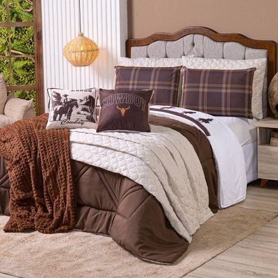 Kit Edredom King Country Com Almofadas Estampadas 07 Peças - Dupla Face Percal 300 Fios Cor Marrom