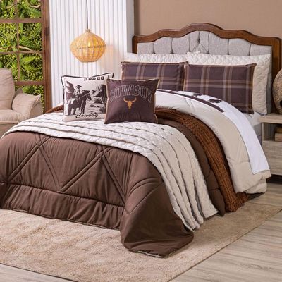 Kit Edredom King Country Com Almofadas Estampadas 07 Peças - Dupla Face Percal 300 Fios Cor Marrom