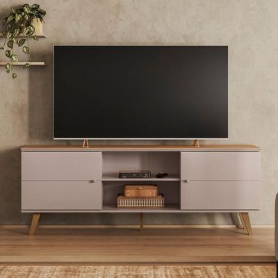 Rack Para Tv Com 2 Portas E Nicho Central Com Prateleira Grigio Fosco Canela