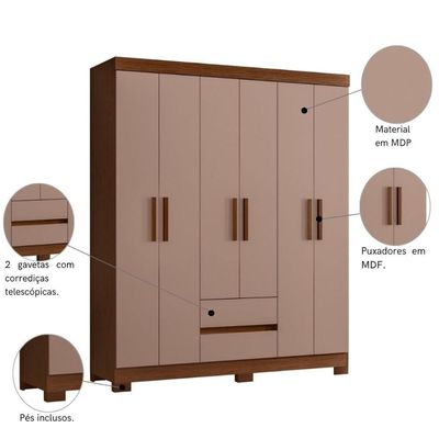 Armário De Quarto Com Espelho E Prateleiras 6 Portas Nogueira