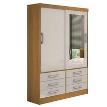 Guarda Roupa Solteiro Com Espelho 2 Portas 6 Gavetas - Meridian -cinamomo-off White - Móveis D'doro