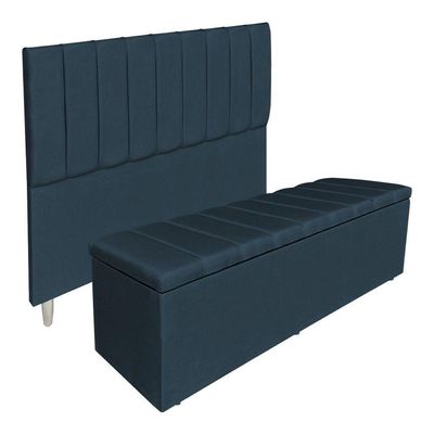 Kit Cabeceira E Calçadeira Recamier Baú Casal 1,40m Holanda Suede - Pallazio Cor Azul Marinho
