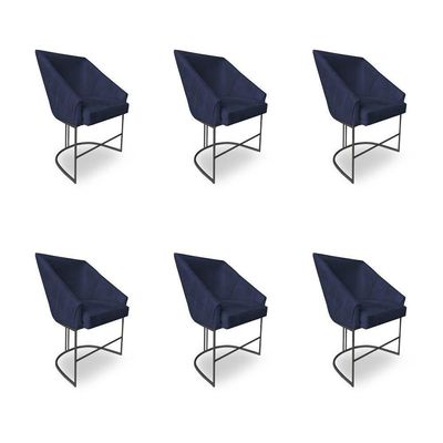 Kit 6 Poltronas Luxo Alana Suede Azul Marinho Base Ferro Preto - Pallazio