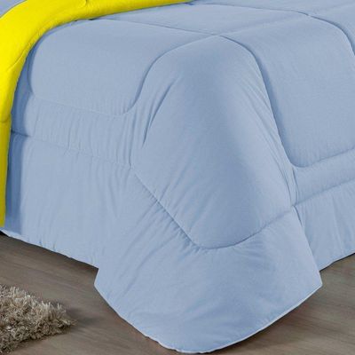 Kit Edredom Dupla Face + Jogo De Lençol Casal Viúva Nobre 7 Peças 100% Algodão - Azul-bebê / Amarelo