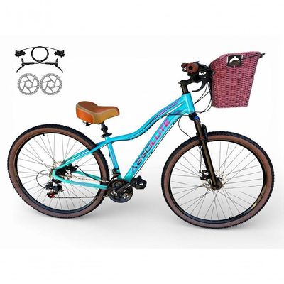 Bicicleta Aro 29 Feminina Absolute Hera Retrô Vintage 21v Hidráulica Selim  Cesta Azul-verde Tam 15
