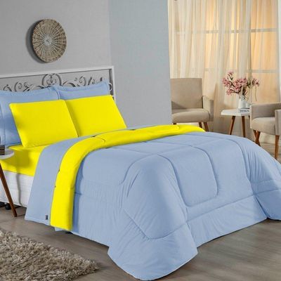 Kit Edredom Dupla Face + Jogo De Lençol Casal Viúva Nobre 7 Peças 100% Algodão - Azul-bebê / Amarelo