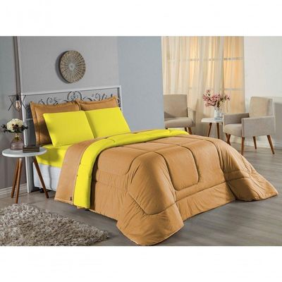 Kit Edredom Dupla Face + Jogo De Lençol Casal Viúva Nobre 7 Peças 100% Algodão - Cobre / Amarelo