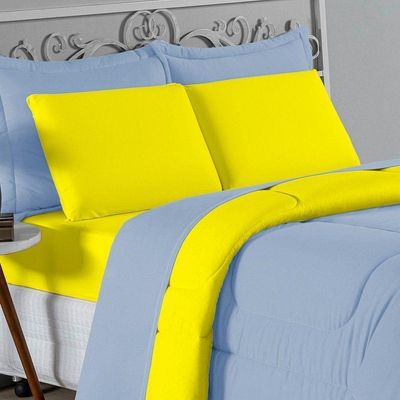 Kit Edredom Dupla Face + Jogo De Lençol Casal Viúva Nobre 7 Peças 100% Algodão - Azul-bebê / Amarelo