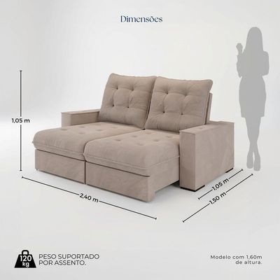 Sofá Retrátil Reclinável 3 Lugares Roma 2,40m Veludo Bege