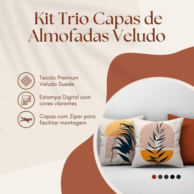 Kit Trio Capas De Almofadas Estampadas Folhas Em Veludo Suede 45cm X 45cm - Cor Laranja