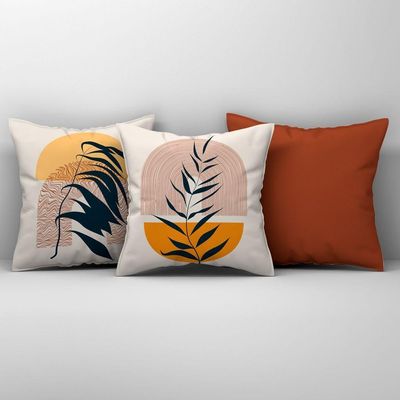 Kit Trio Capas De Almofadas Estampadas Folhas Em Veludo Suede 45cm X 45cm - Cor Laranja