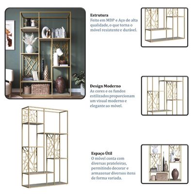 Estante Alta Sala de Estar 6 Prateleiras Industrial Arenas Metal Champanhe Placa e Ponto